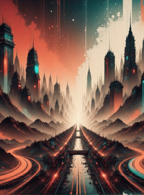 city, skyscraper, mountain, road, landscape, futurism, architecture, neon, structure, light
