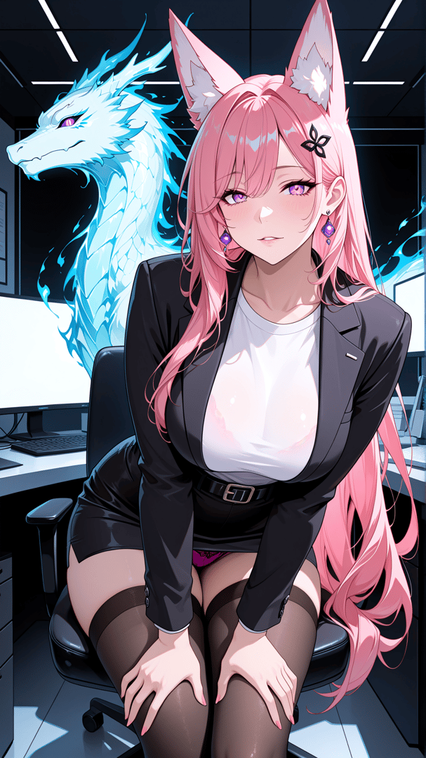 AI generated wallpaper featuring fox girl, dragon, office worker, woman