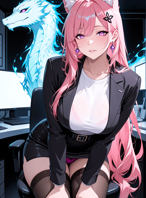fox girl, dragon, office worker, woman