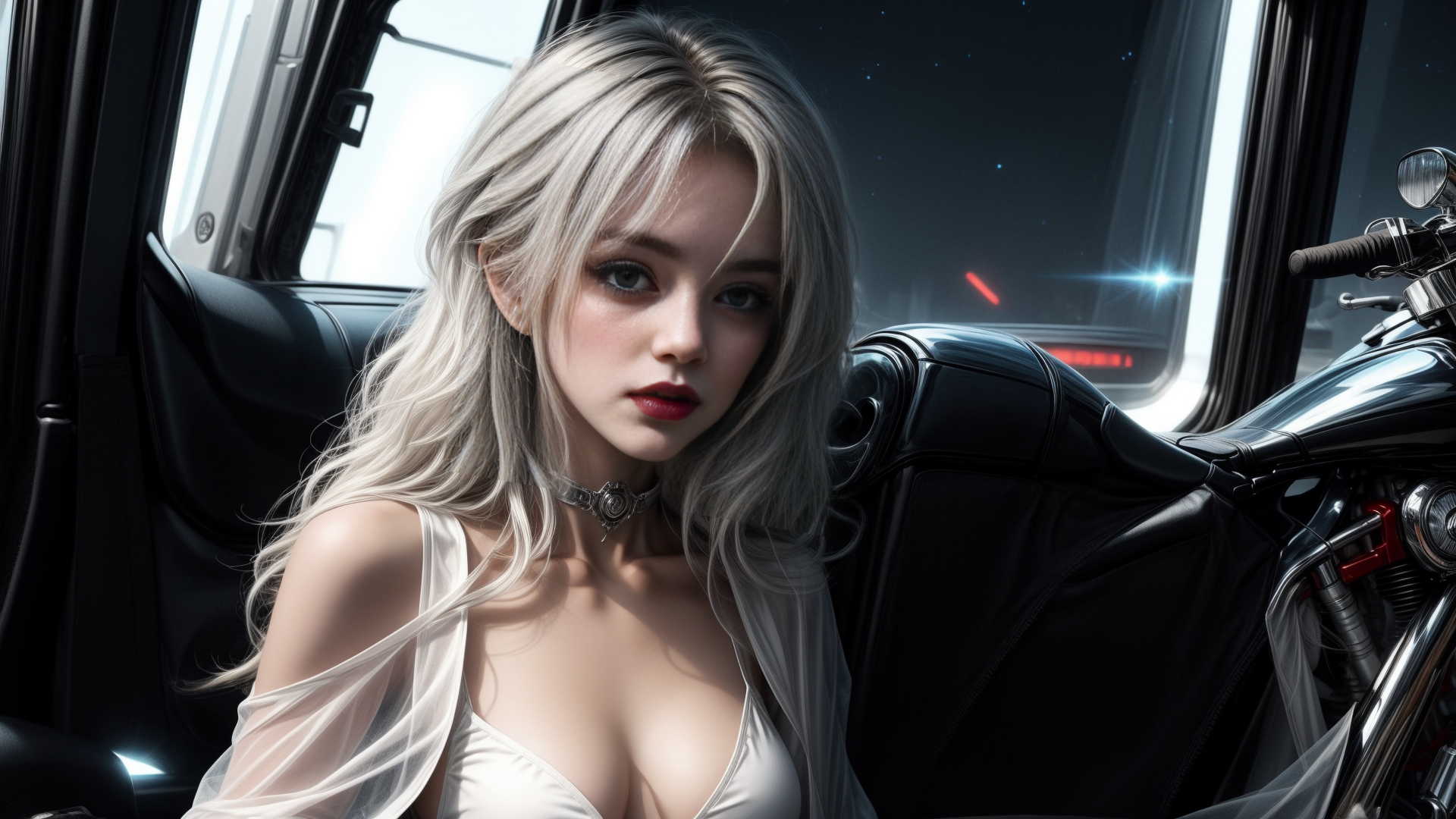 AI generated wallpaper featuring woman, car, motorcycle