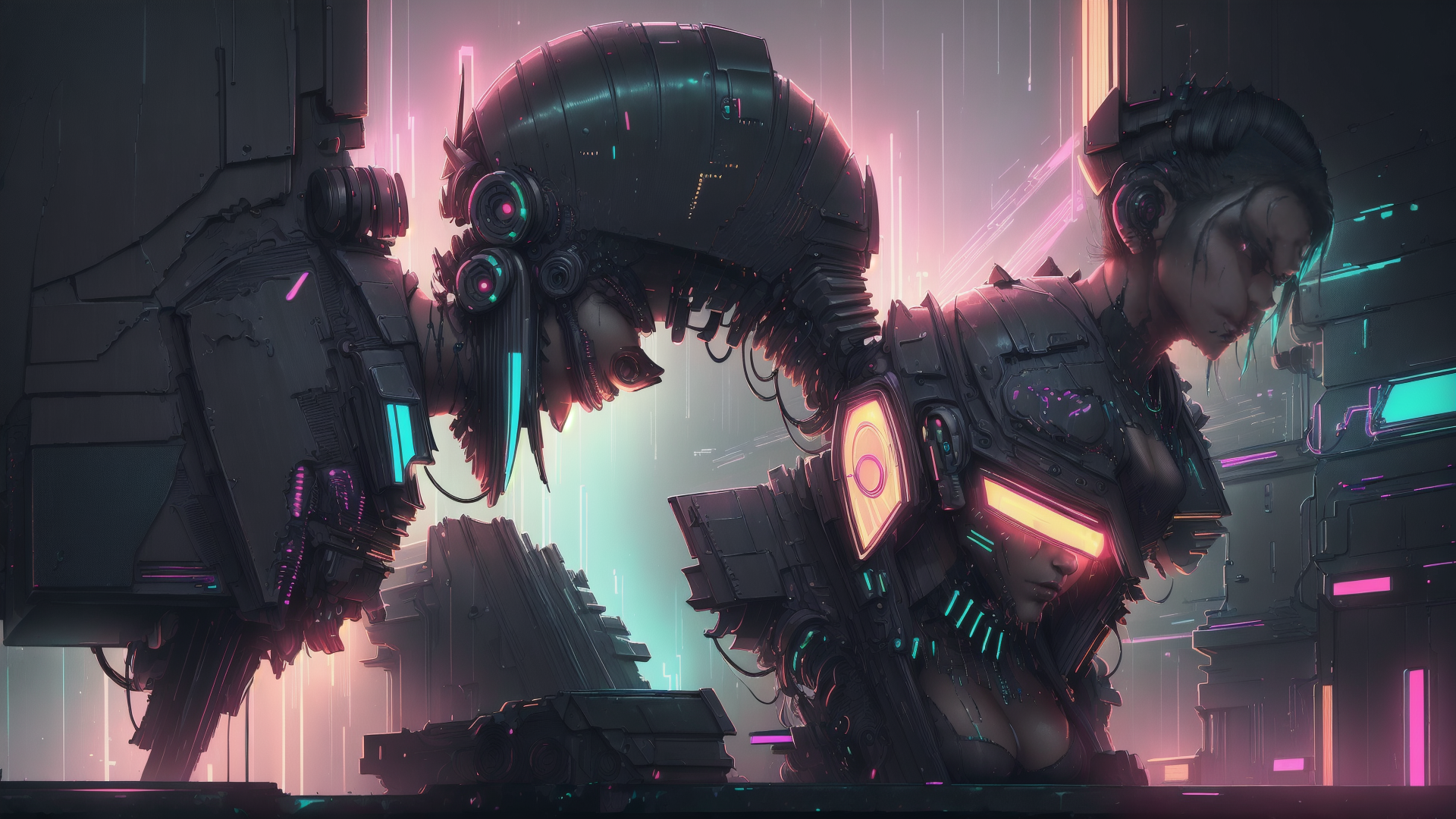AI generated wallpaper featuring cyborg, mechanical, robot