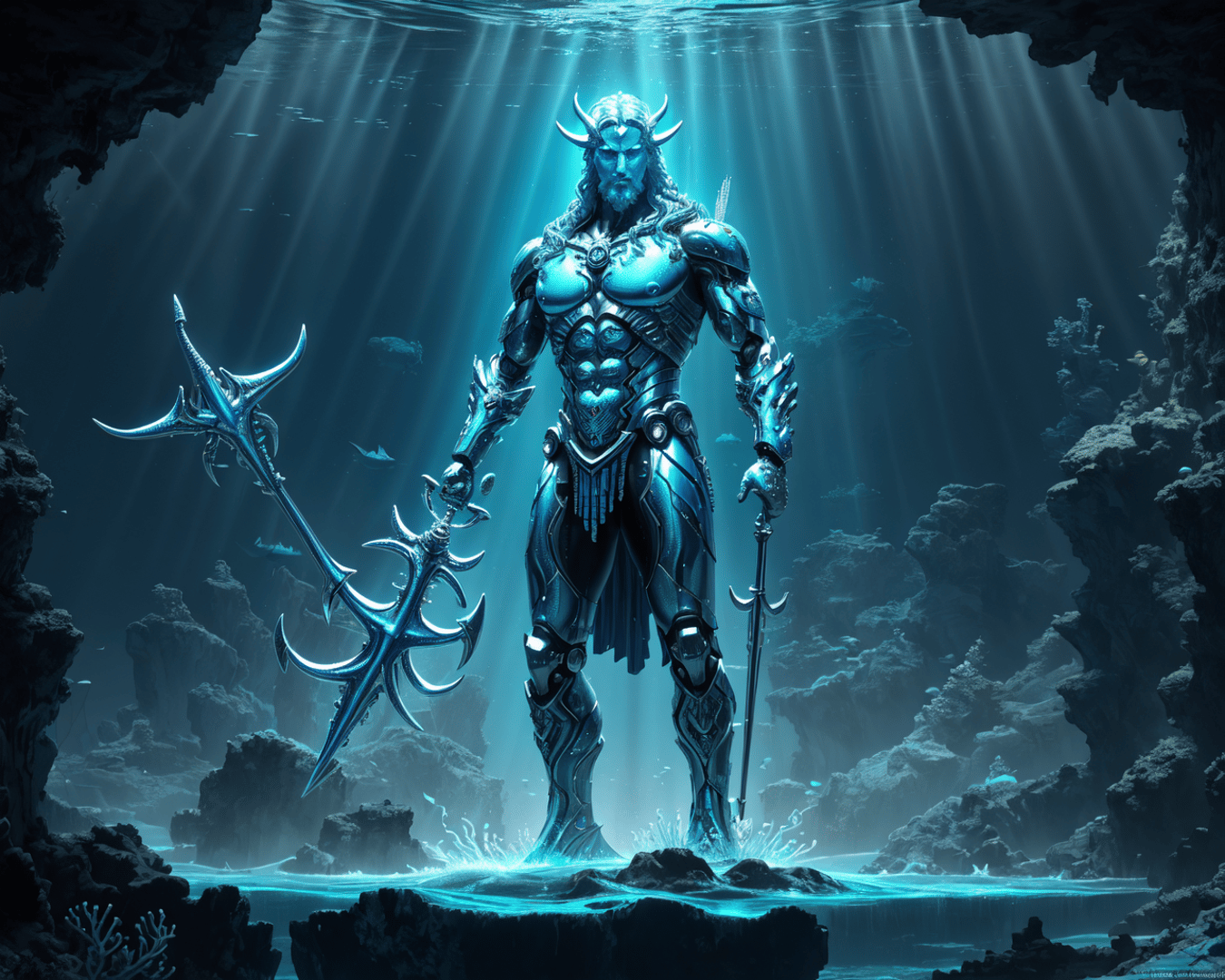 AI generated wallpaper featuring god, trident, armor