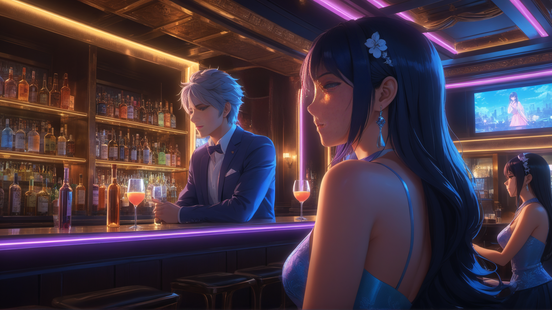 AI generated wallpaper featuring bar, people, anime