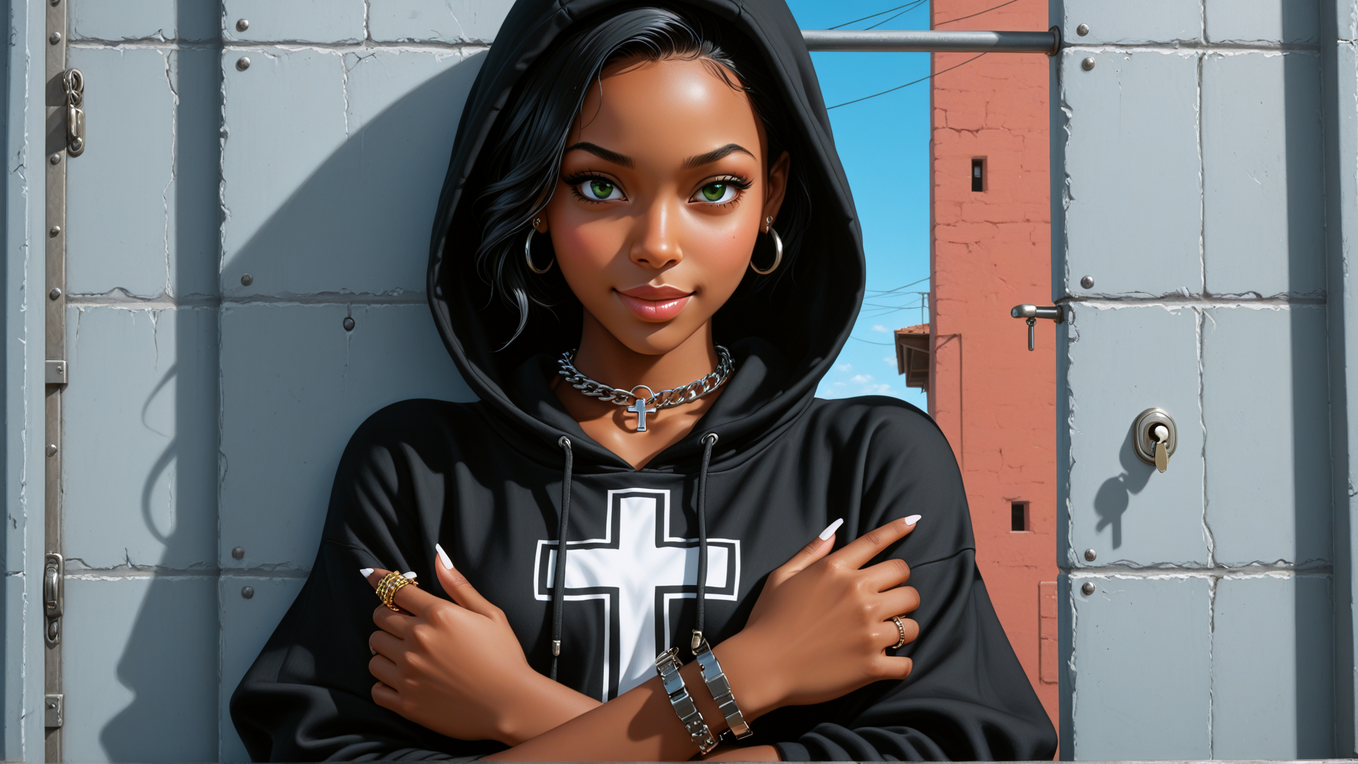 AI generated wallpaper featuring woman, hoodie, cross, jewelry, building, door