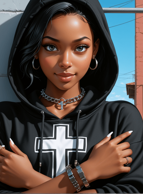 woman, hoodie, cross, jewelry, building, door