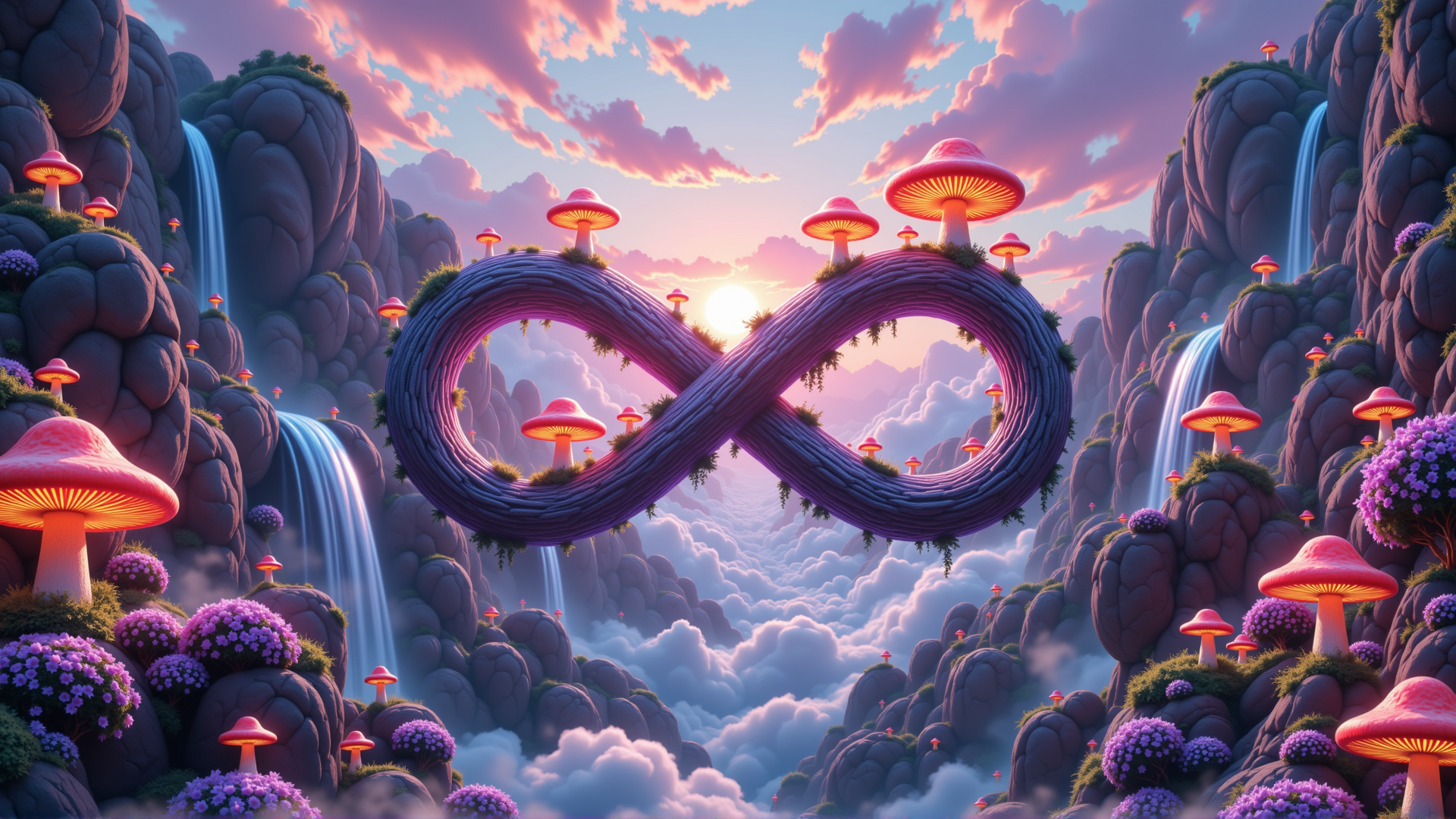 AI generated wallpaper featuring infinity symbol, mushrooms, waterfalls, mountains, clouds