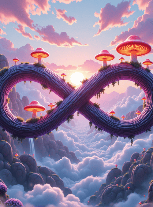 infinity symbol, mushrooms, waterfalls, mountains, clouds