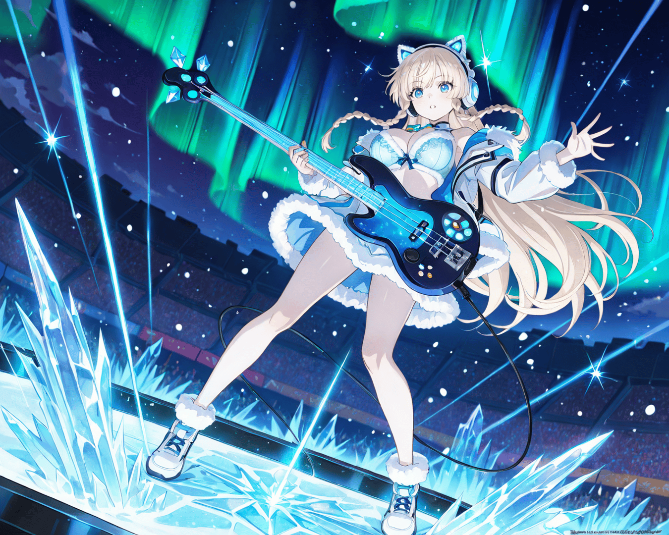 AI generated wallpaper featuring guitarist, anime girl, bass guitar
