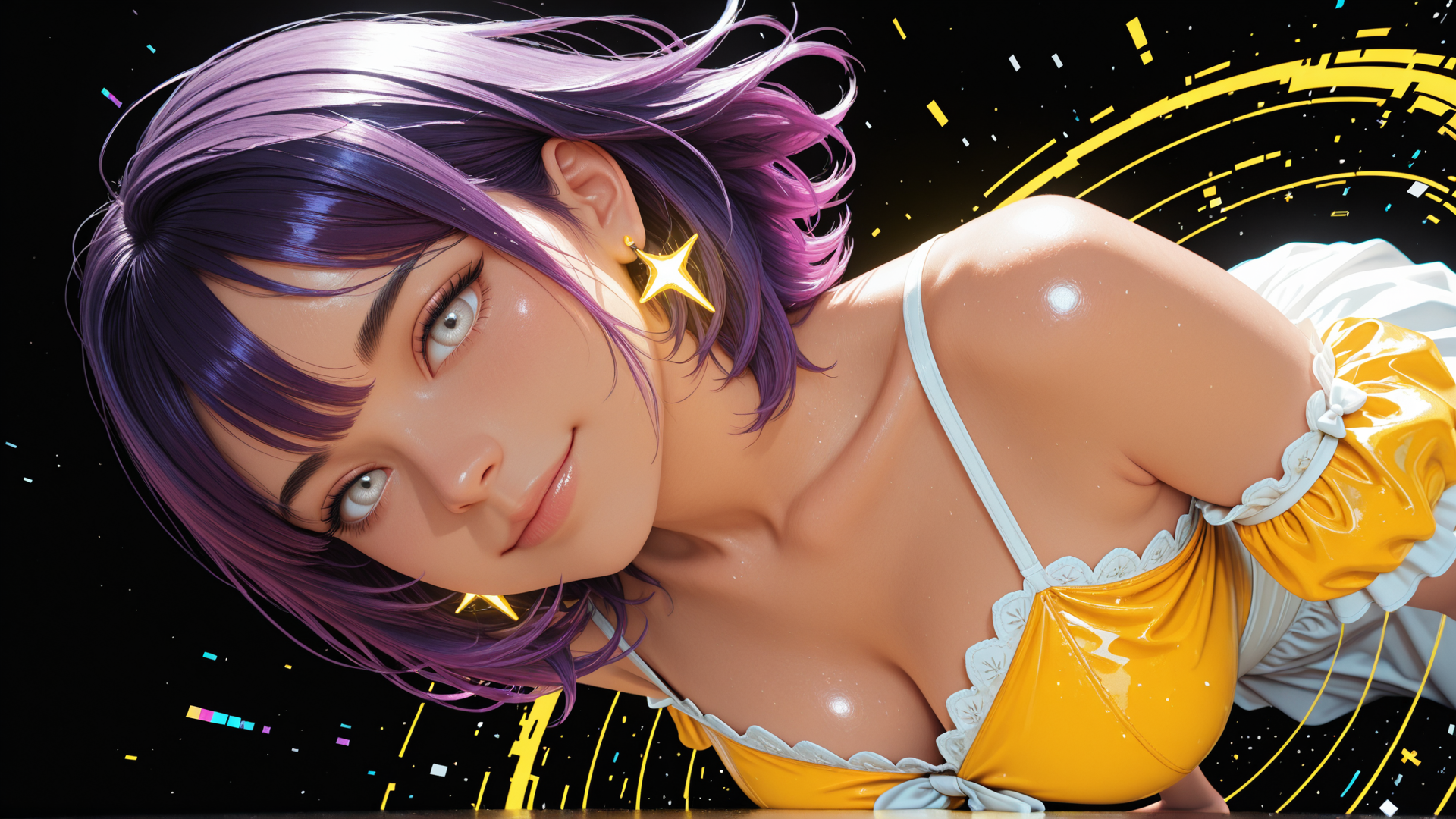 AI generated wallpaper featuring woman, girl, hair, earring, top, background, stars, confetti, shoulder, skin