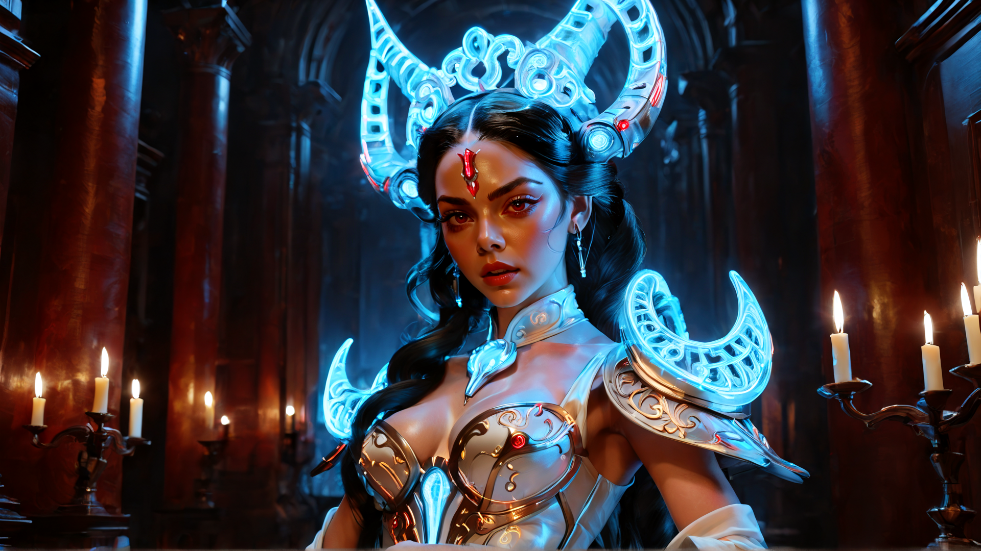 AI generated wallpaper featuring woman, armor, candles, cathedral, helmet