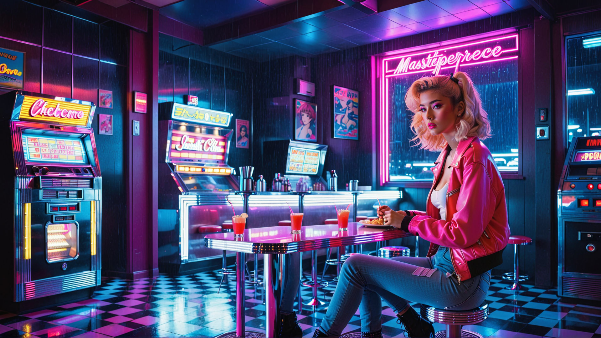 AI generated wallpaper featuring woman, arcade, diner