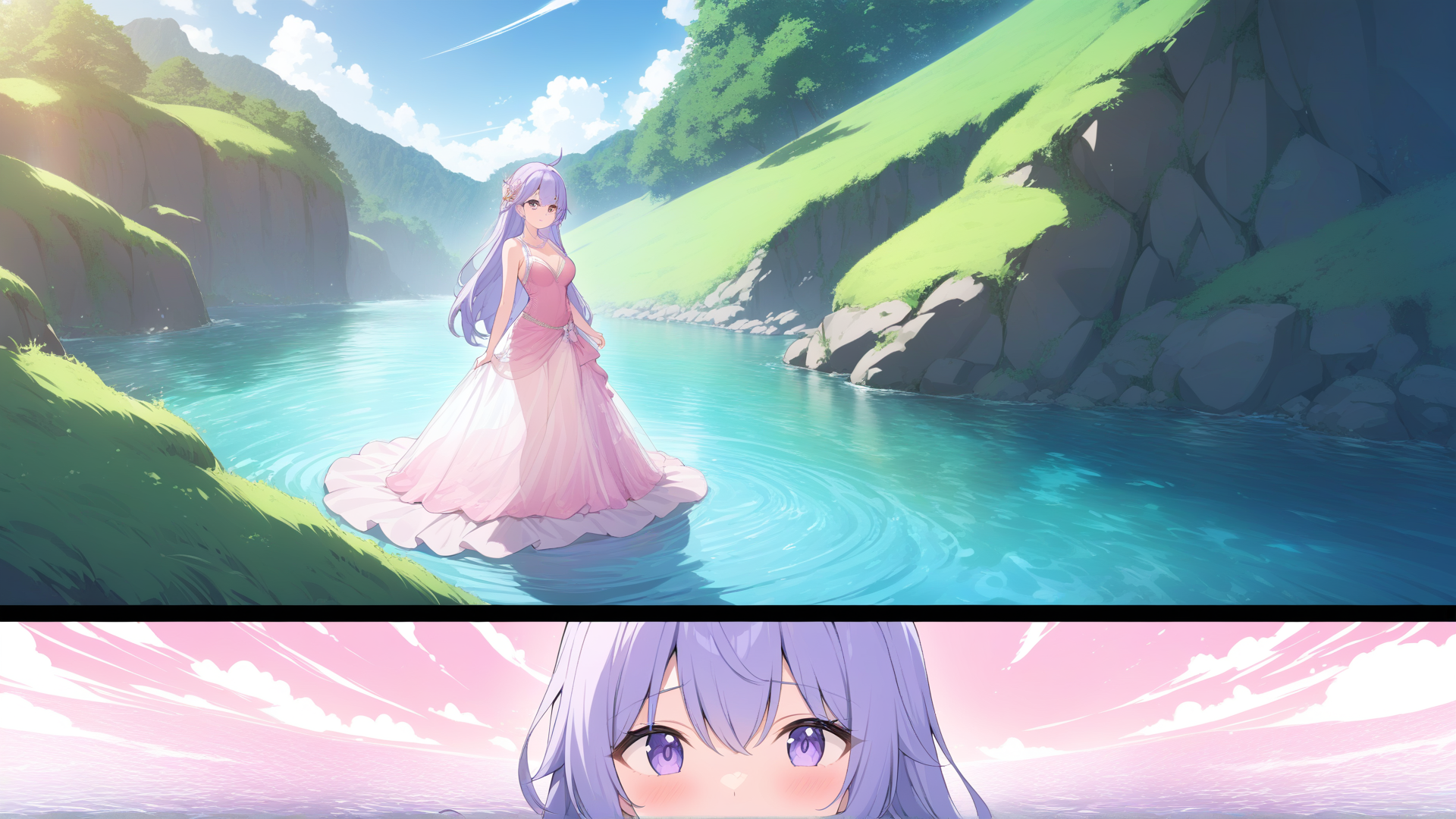 AI generated wallpaper featuring anime girl, nature, river