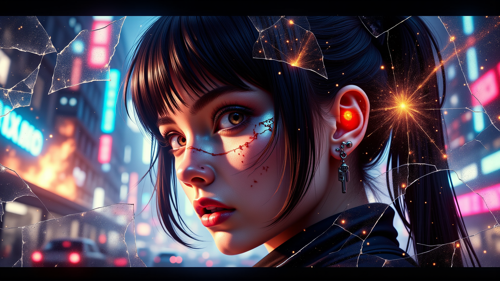 AI generated wallpaper featuring woman, cityscape, glowing, ears, hair