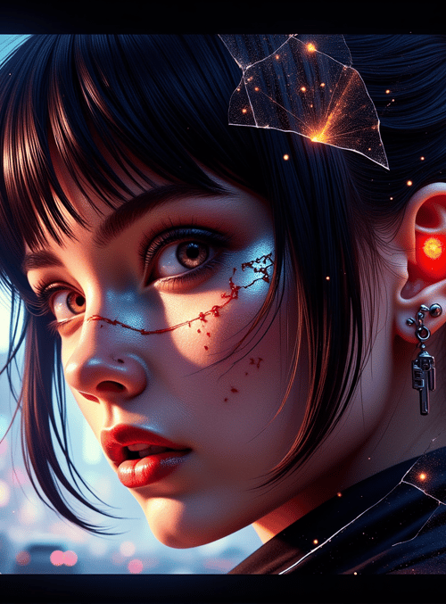 woman, cityscape, glowing, ears, hair