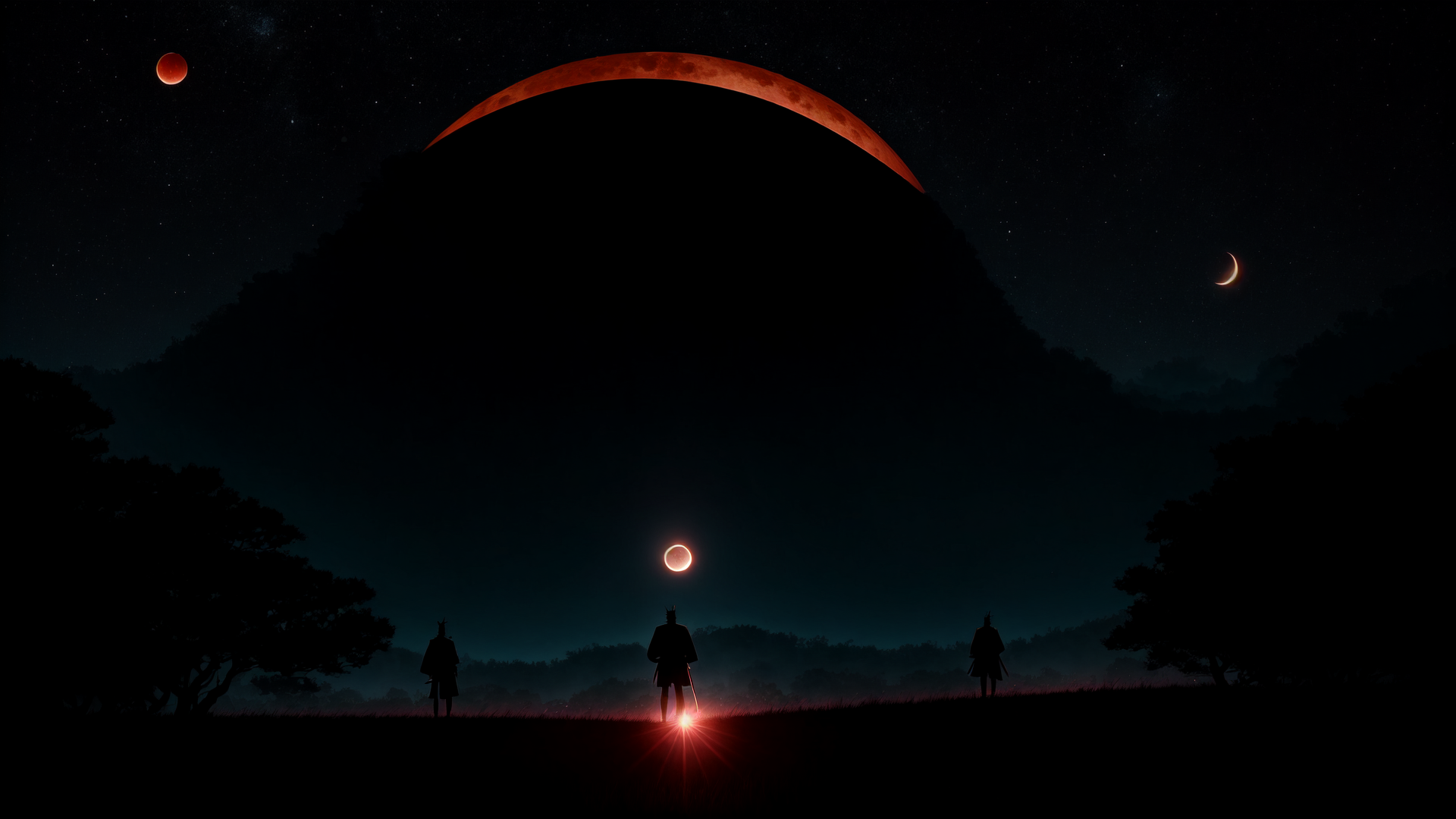 AI generated wallpaper featuring swordsman, mountain, sky