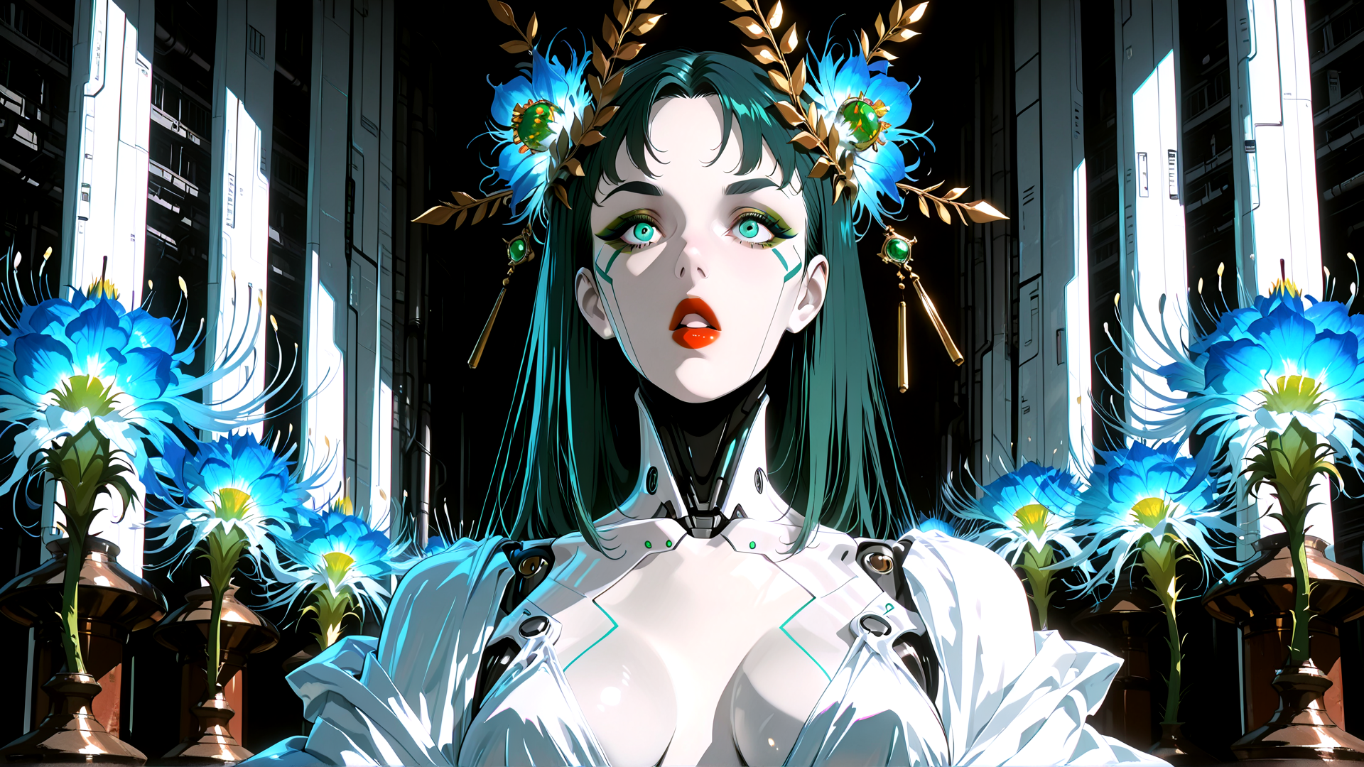 AI generated wallpaper featuring cyborg, woman, flowers, glasses, headdress, corset, vases, gears, necklace, wings