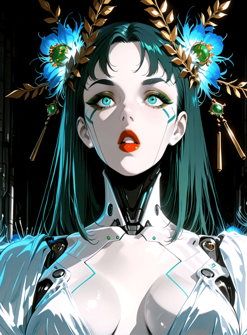cyborg, woman, flowers, glasses, headdress, corset, vases, gears, necklace, wings
