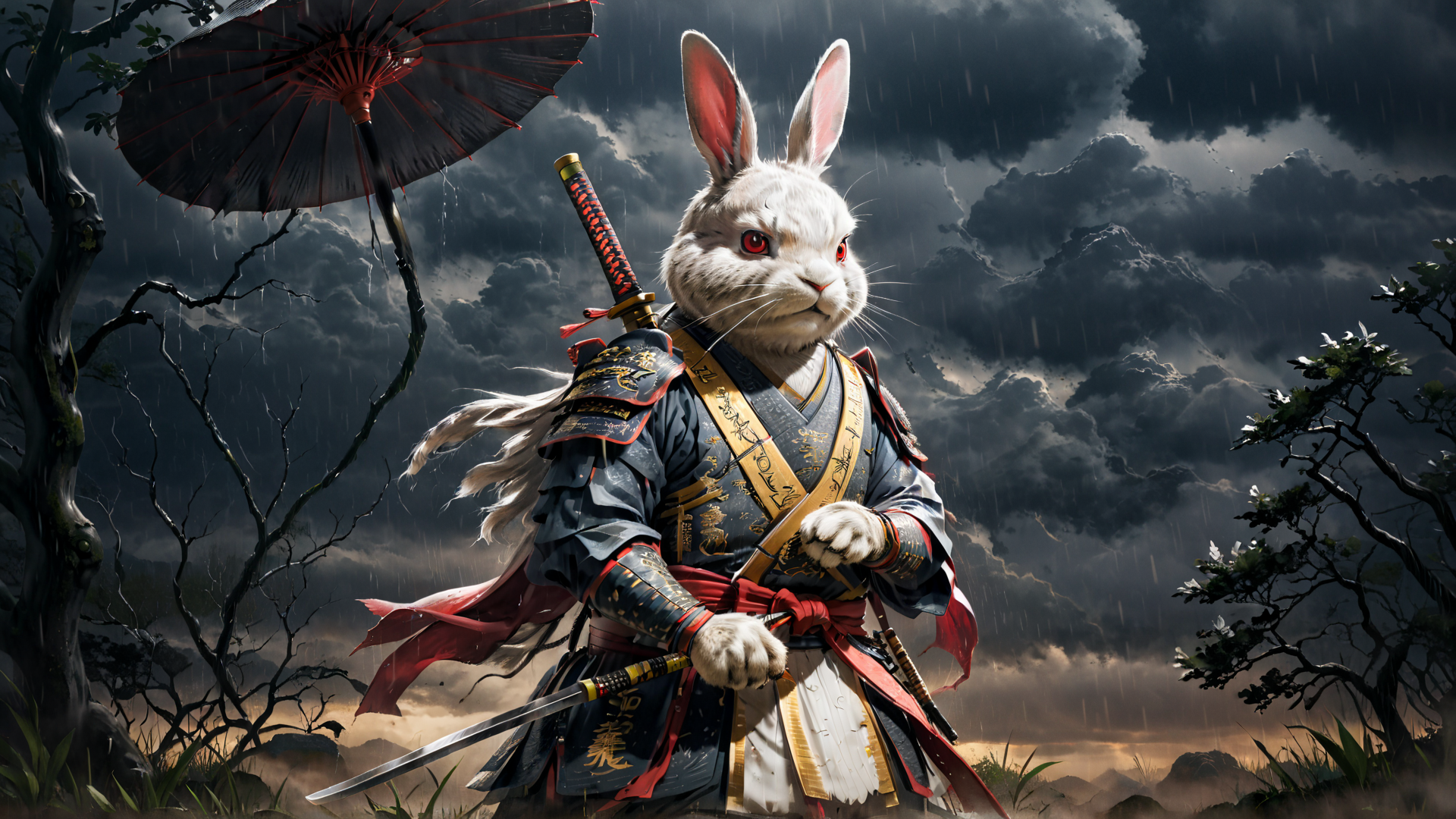 AI generated wallpaper featuring rabbit, samurai, umbrella, sword, knight, armor, tree, cloud, rain, mountain