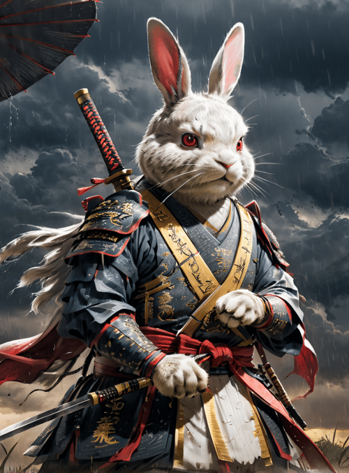rabbit, samurai, umbrella, sword, knight, armor, tree, cloud, rain, mountain