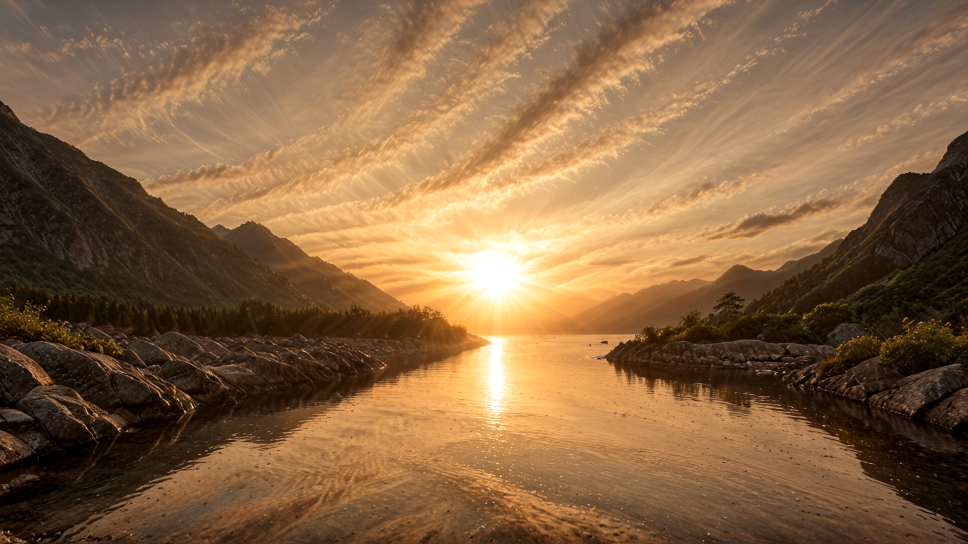 AI generated wallpaper featuring sun, river, mountain, rock, cloud, tree, landscape, water, sky, sunlight