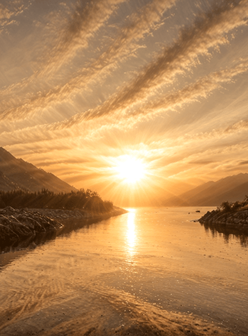 sun, river, mountain, rock, cloud, tree, landscape, water, sky, sunlight