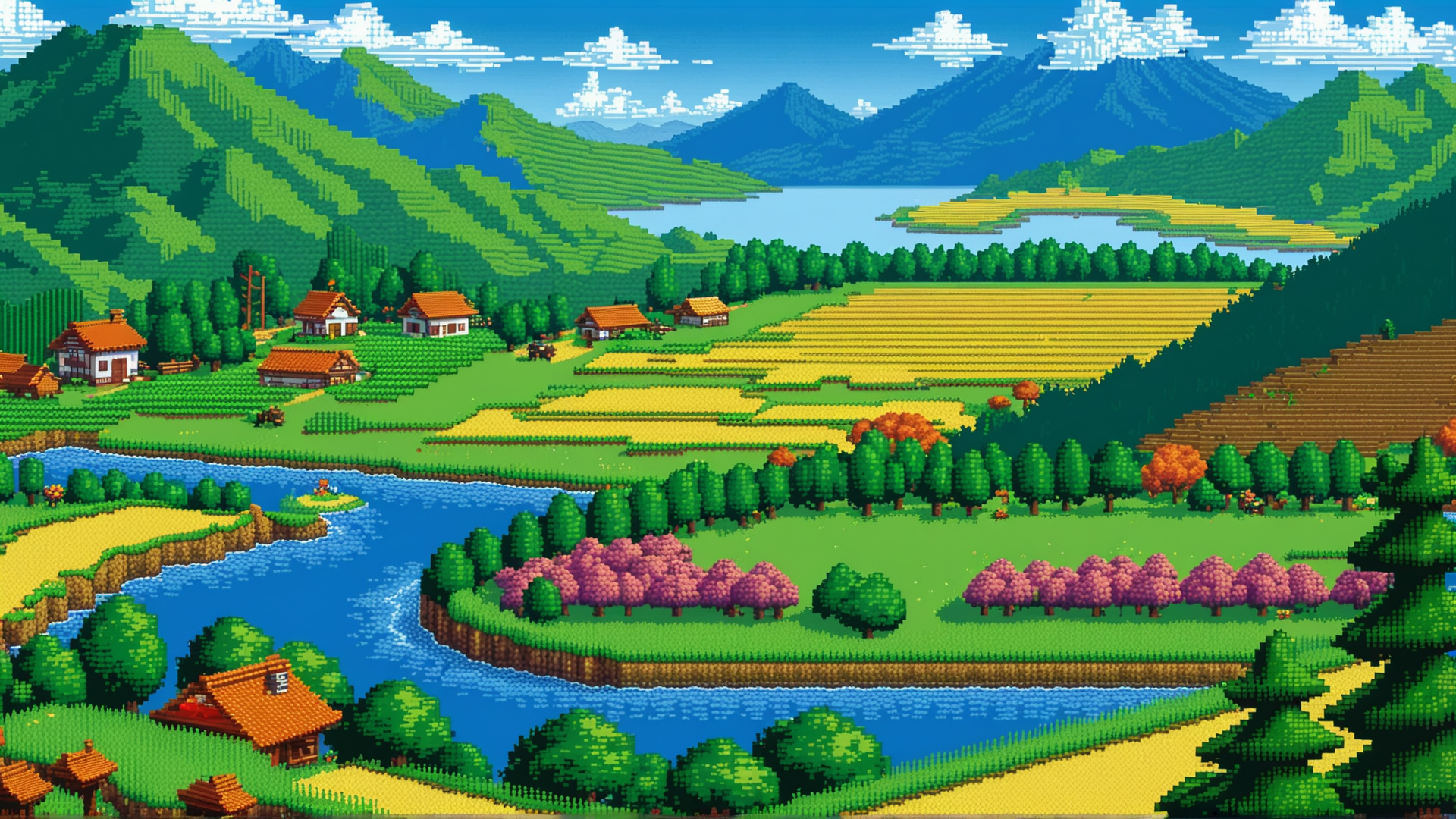 AI generated wallpaper featuring village, fields, river