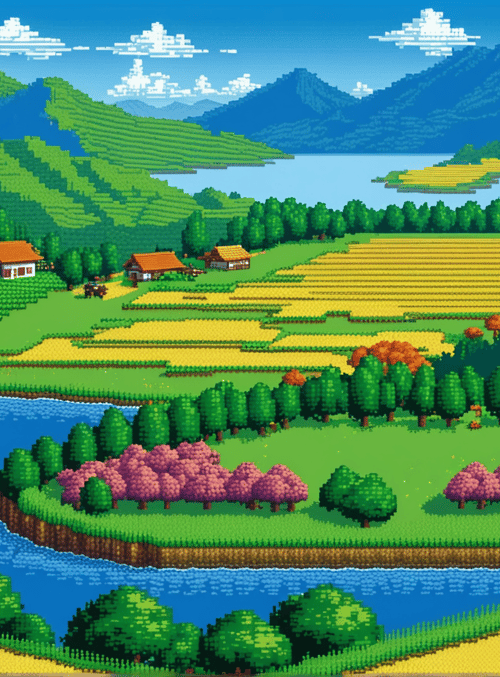village, fields, river