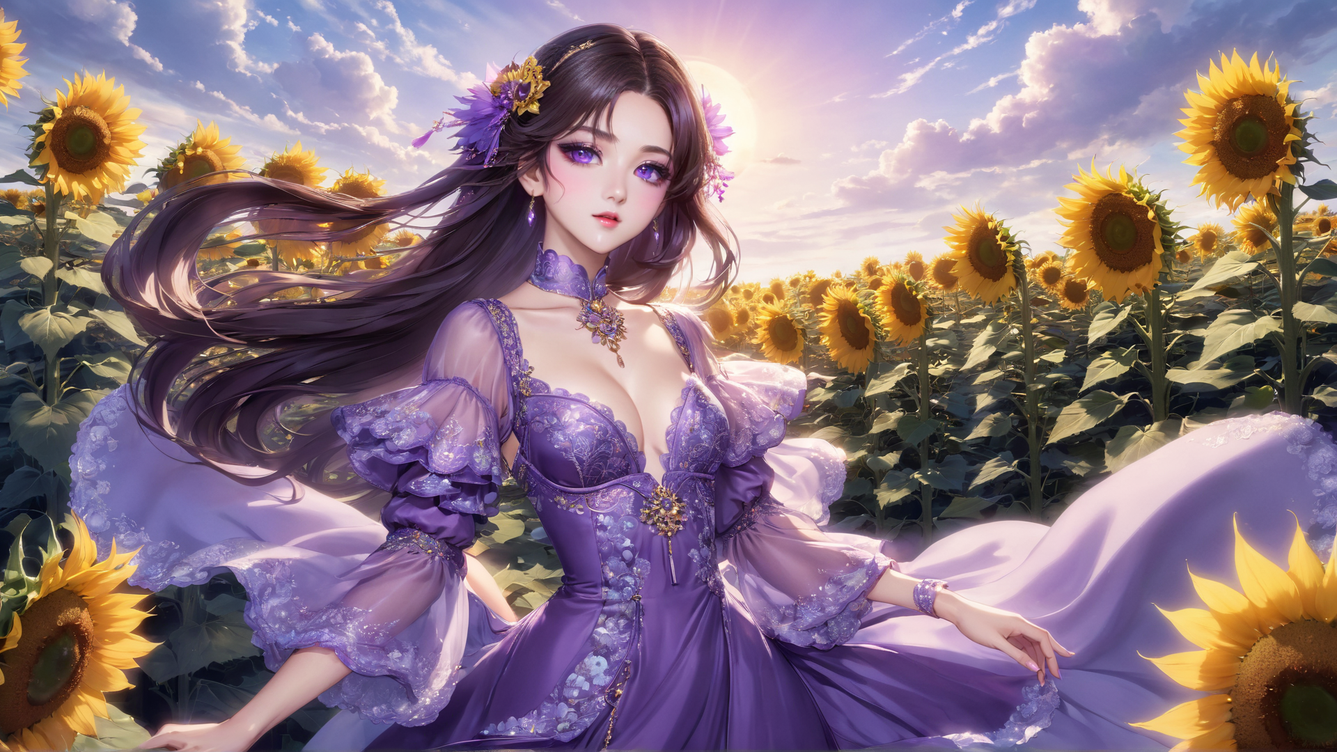 AI generated wallpaper featuring woman, sunflower field, dress