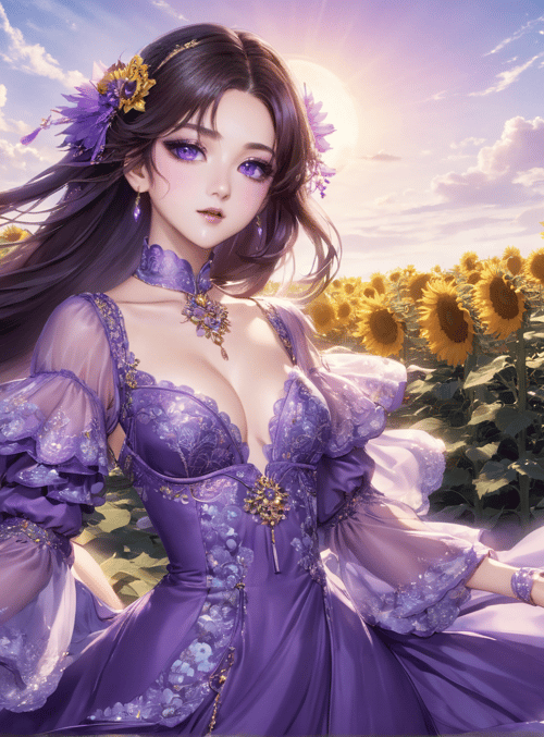 woman, sunflower field, dress