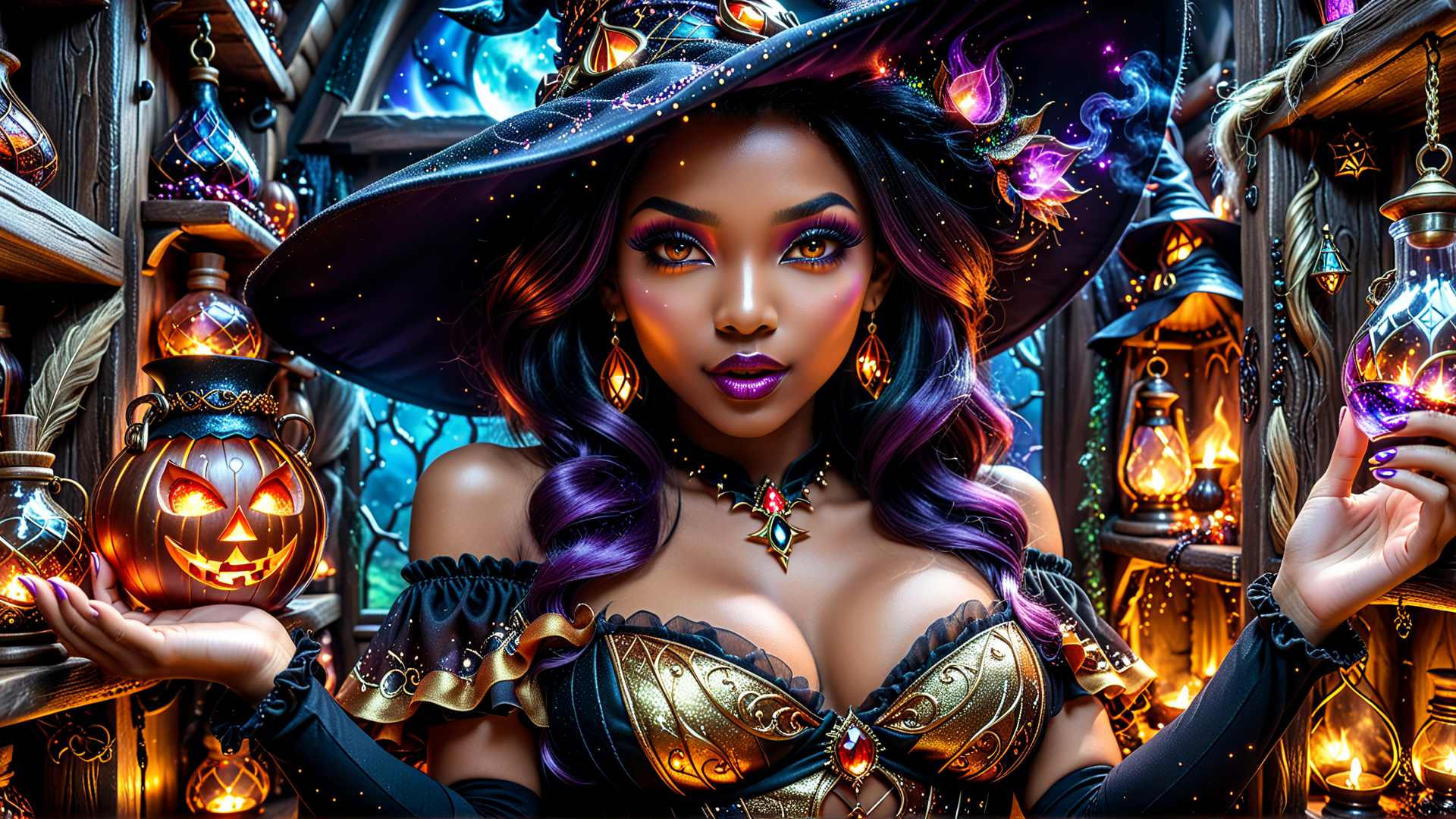 AI generated wallpaper featuring witch, halloween, pumpkin, lantern, magic, candle, hat, jewelry, sparkles, candles