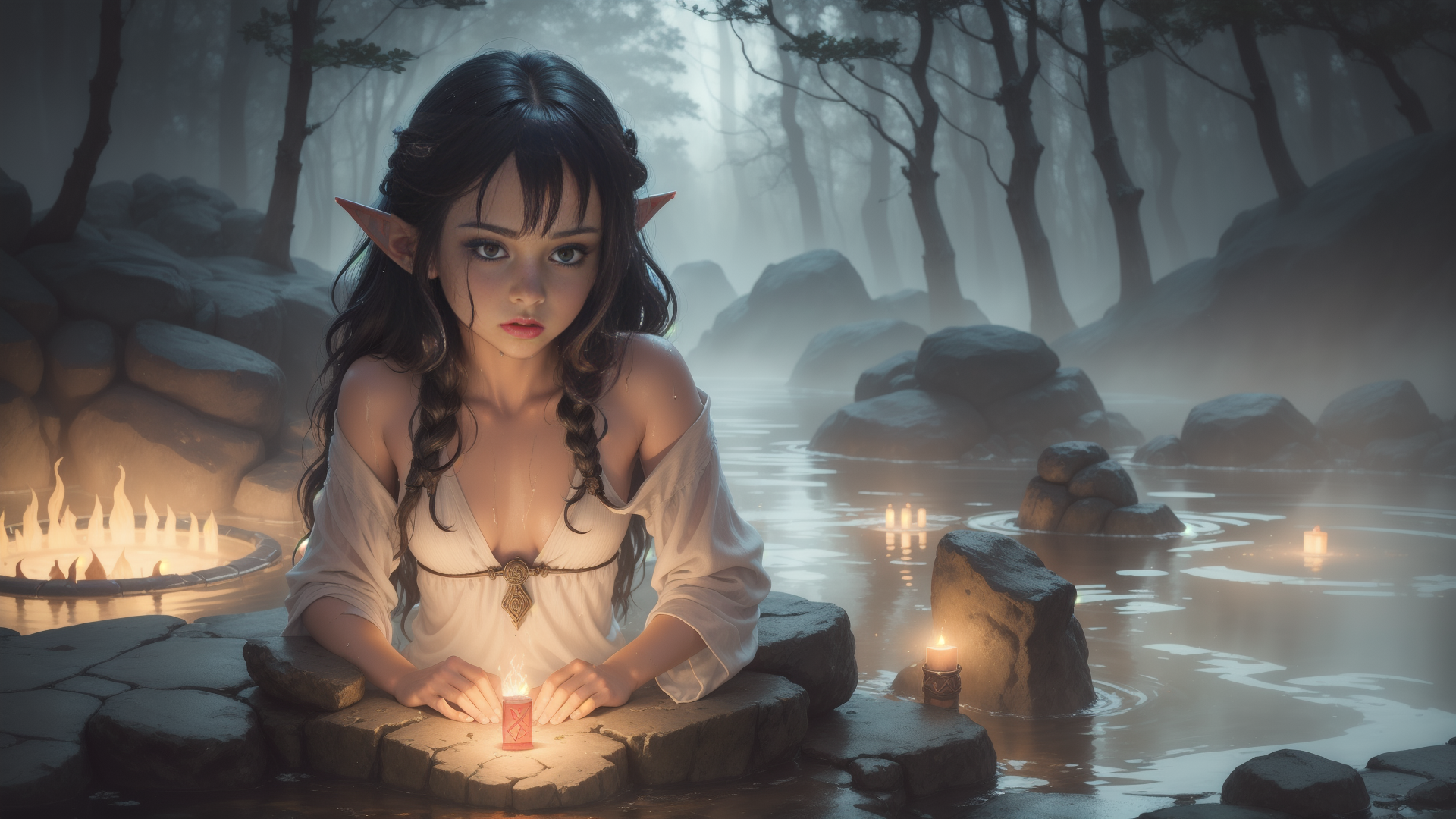 AI generated wallpaper featuring elf, candle, forest