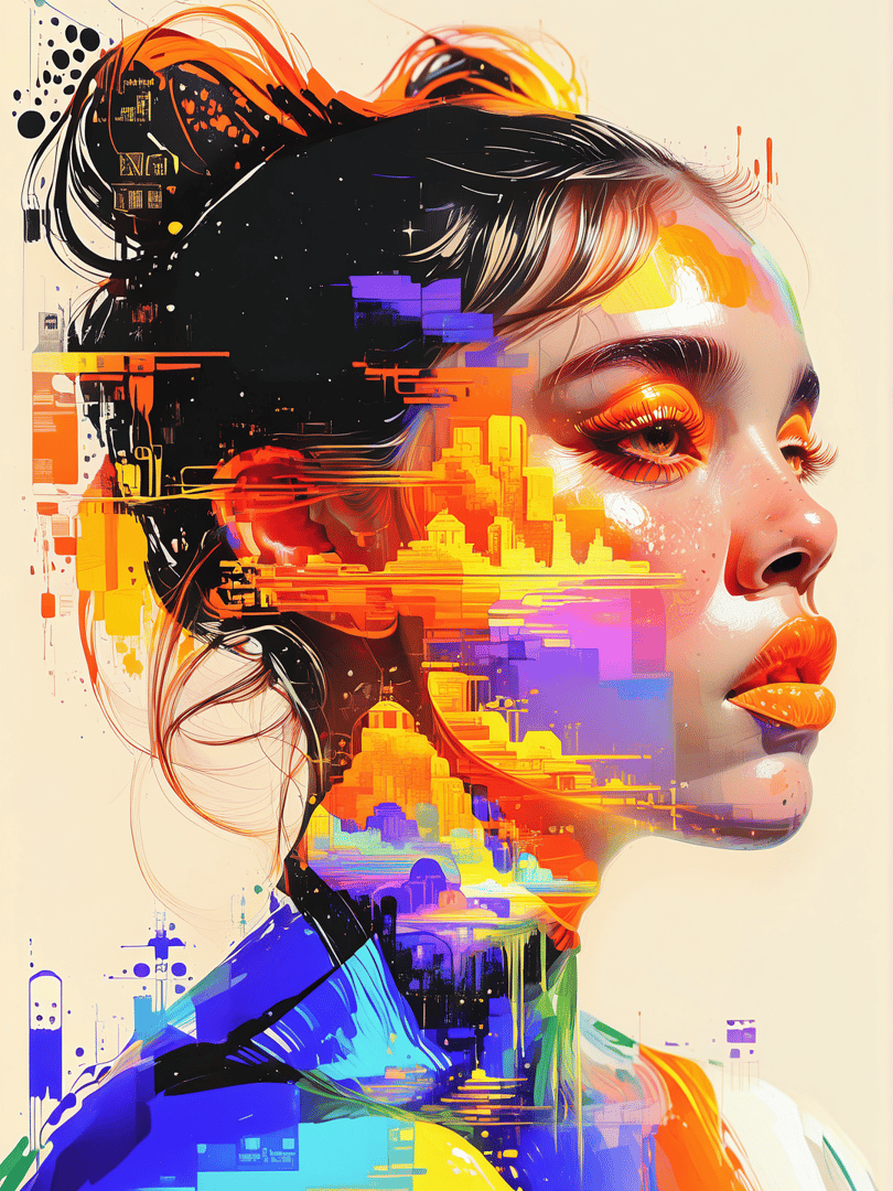 AI generated wallpaper featuring woman, cityscape, abstract, portrait