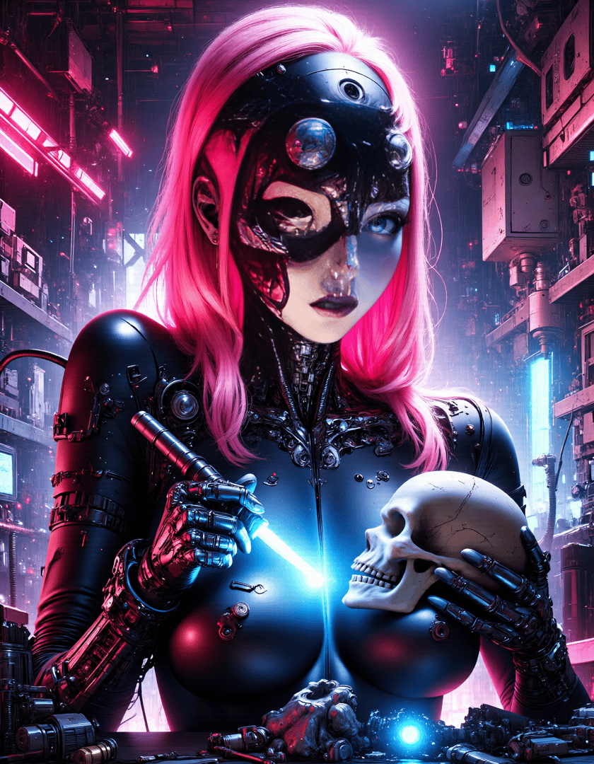 AI generated wallpaper featuring cyborg, skull, laser