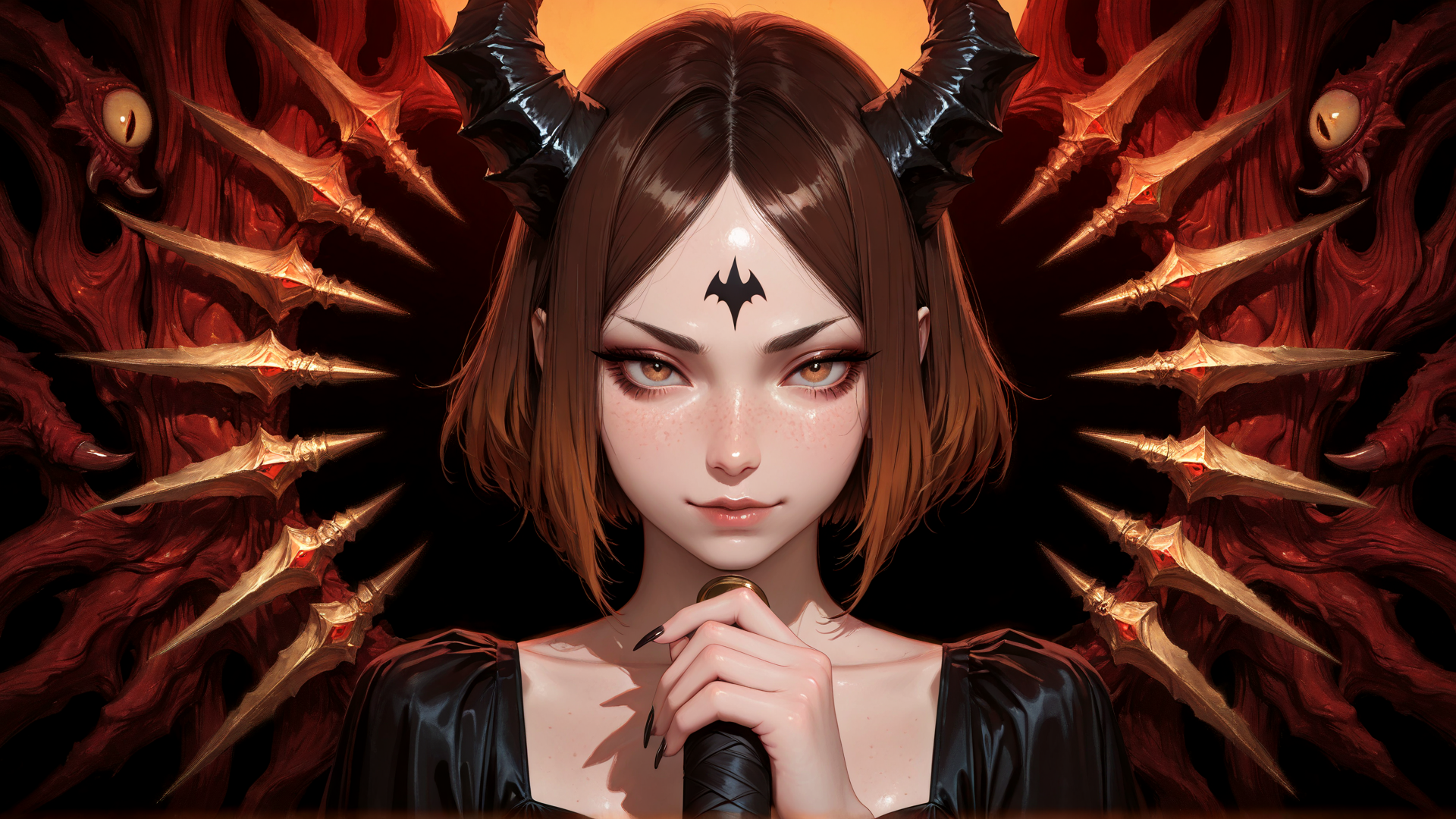 AI generated wallpaper featuring woman, devil, horn, spikes, eyes, bats