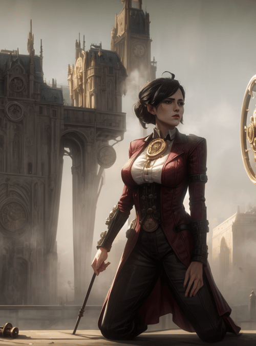 woman, clock tower, steampunk city