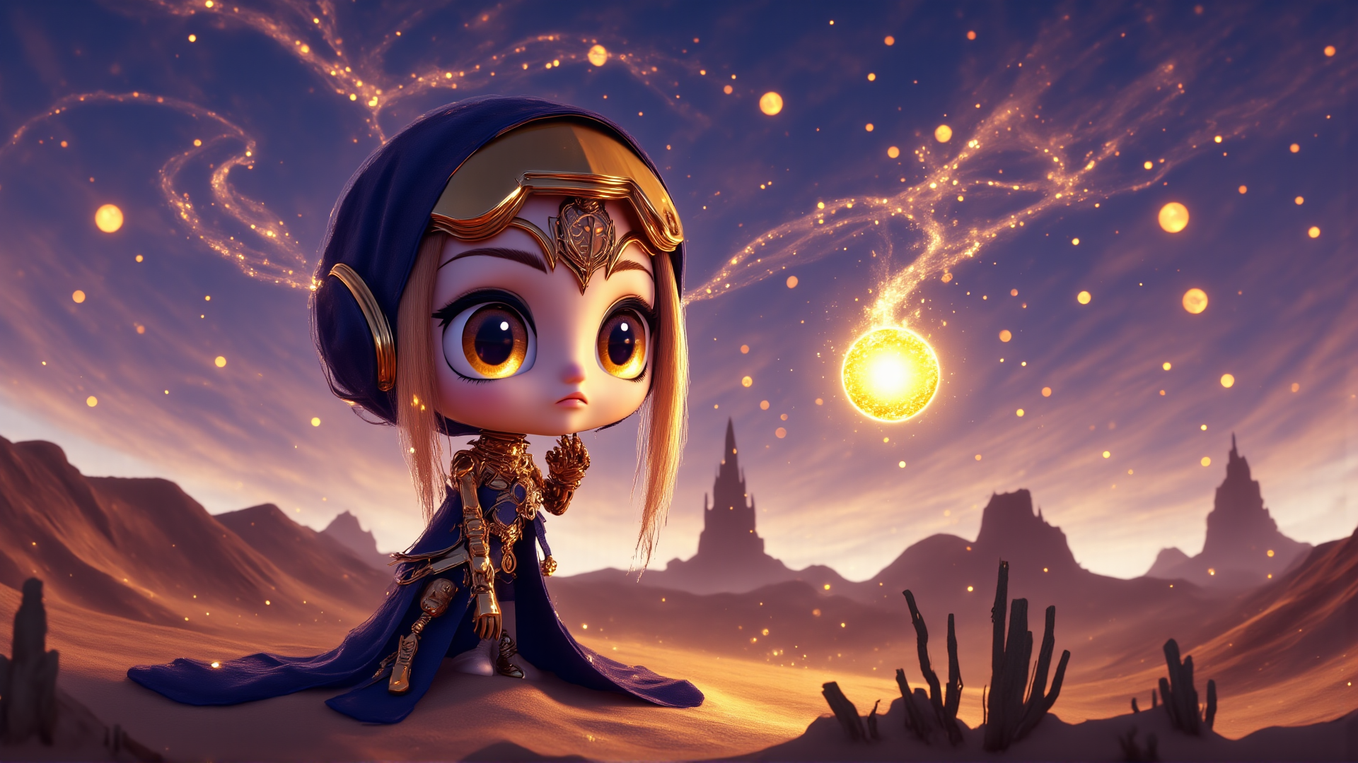 AI generated wallpaper featuring chibi character, magical girl, desert