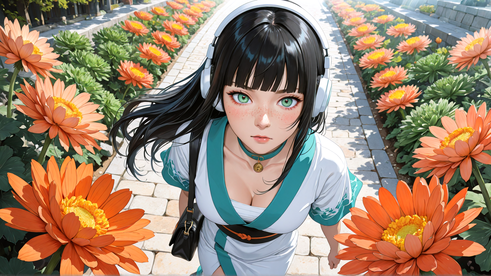 AI generated wallpaper featuring girl, flower, headphones, dress, choker, bag, path