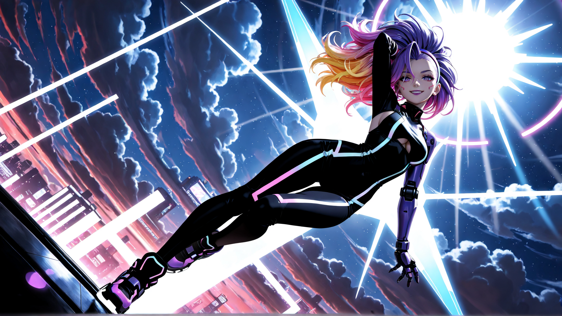 AI generated wallpaper featuring anime girl, cyberpunk, superhero, robot arm