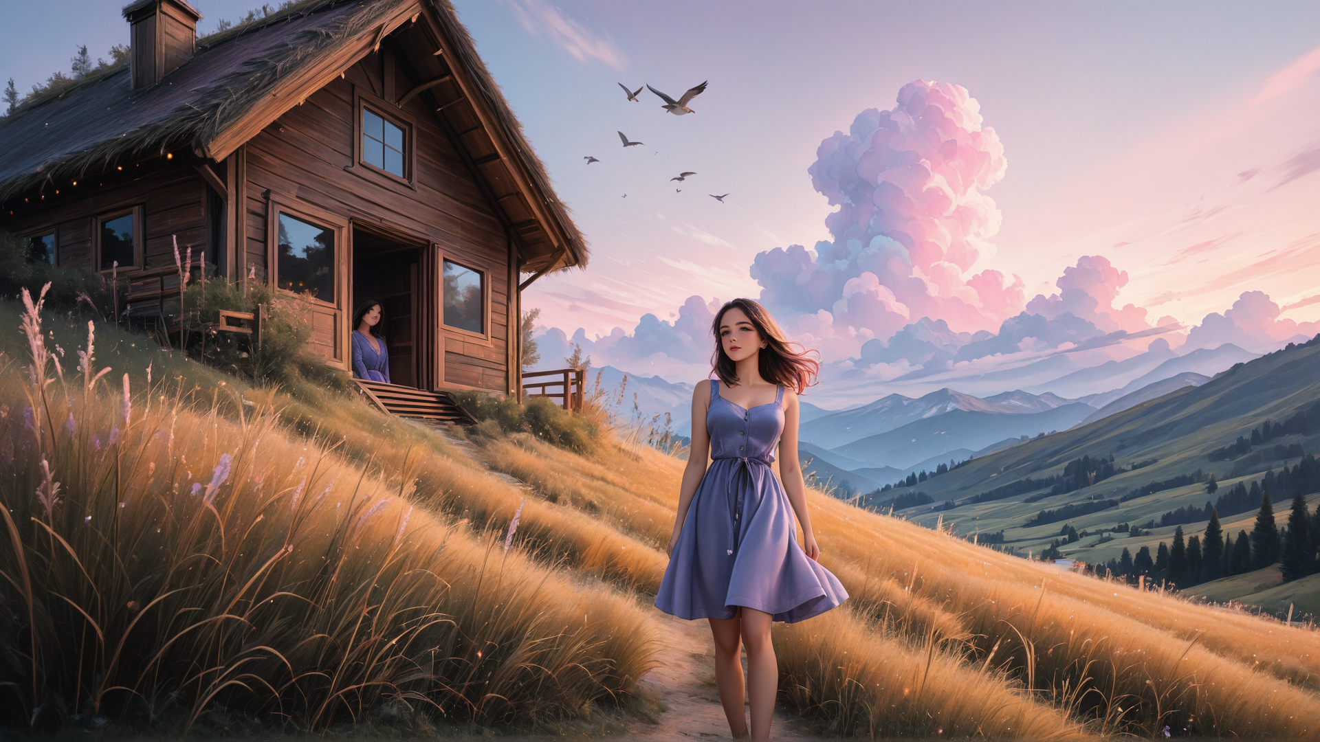 AI generated wallpaper featuring woman, house, mountains