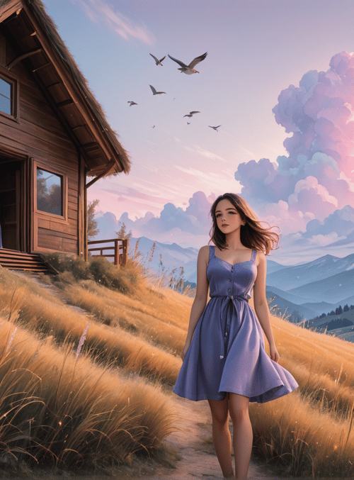 woman, house, mountains