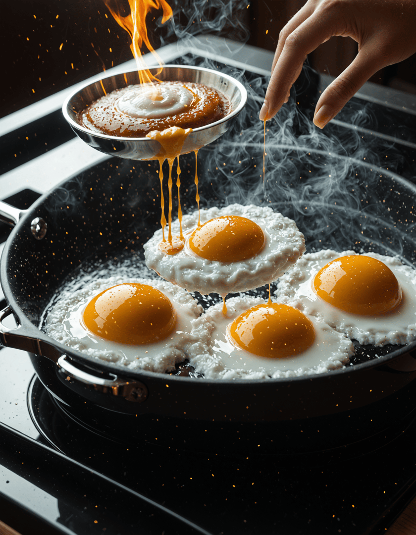 AI generated wallpaper featuring eggs, pan, flame