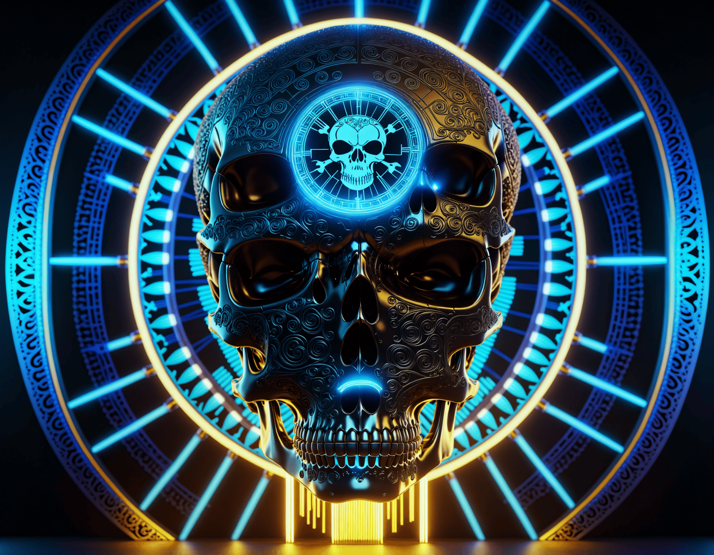 AI generated wallpaper featuring skull, circular, neon