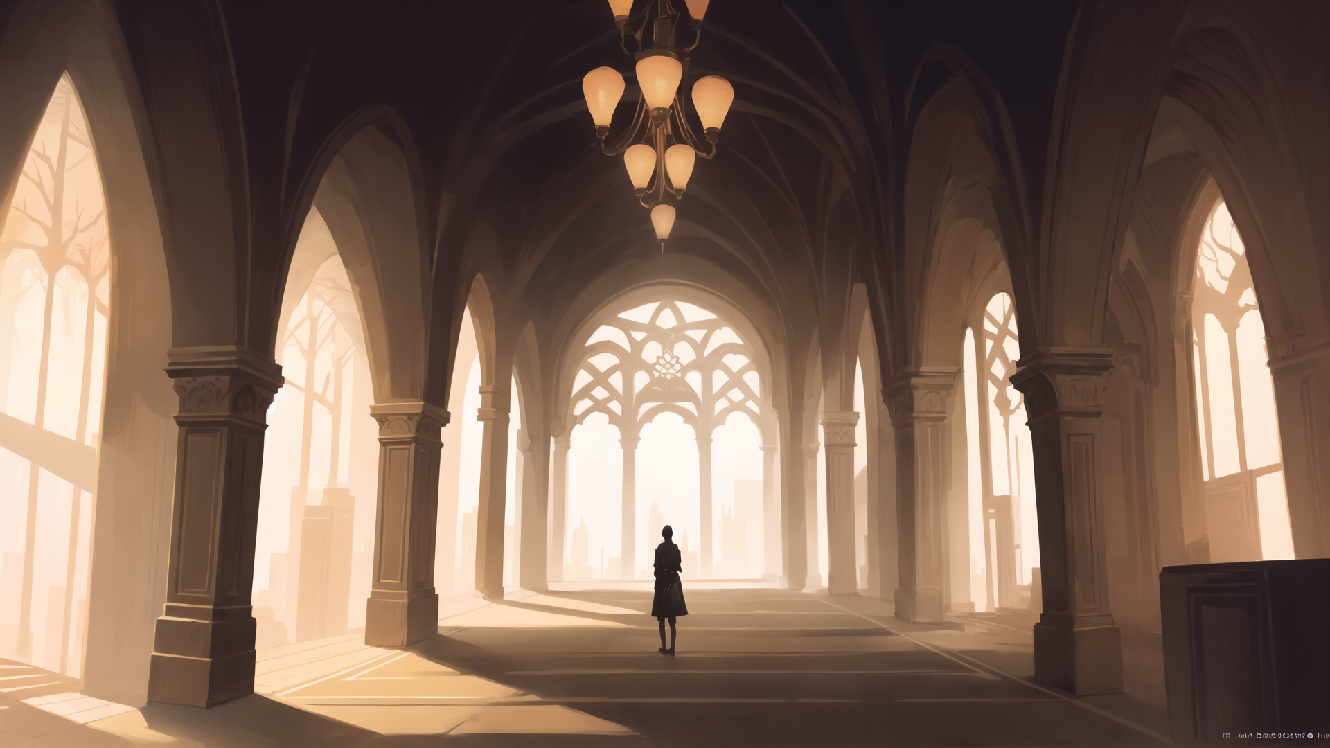 AI generated wallpaper featuring person, archway, columns, chandelier, window