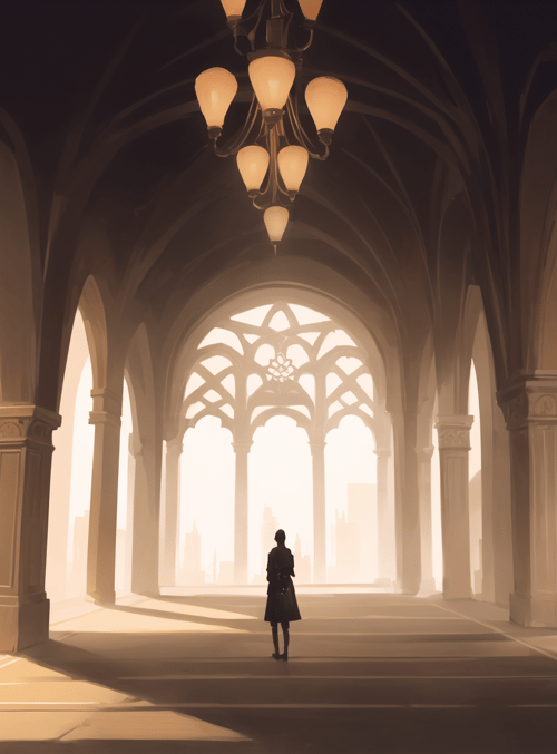 person, archway, columns, chandelier, window