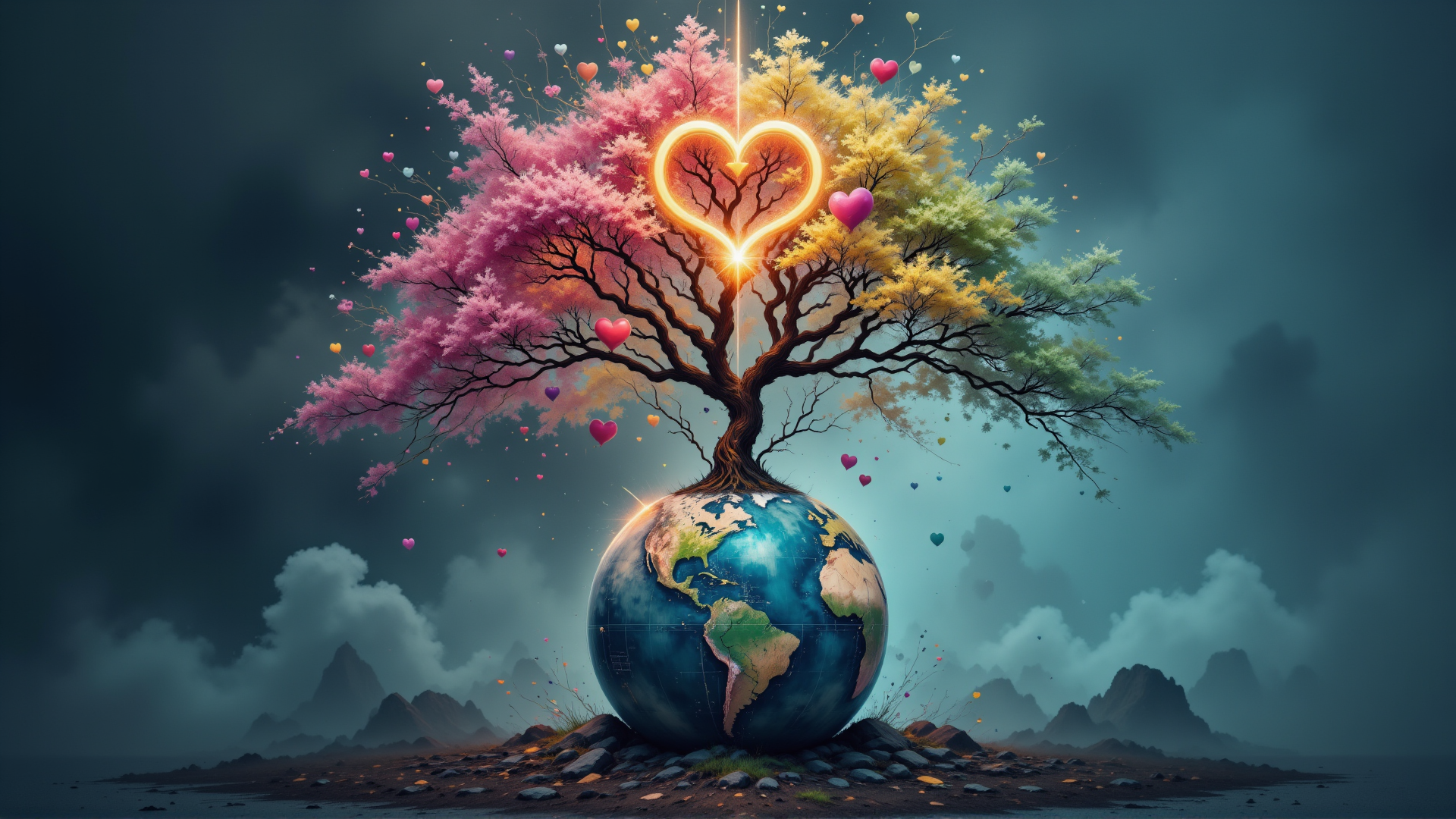 AI generated wallpaper featuring tree, earth, heart