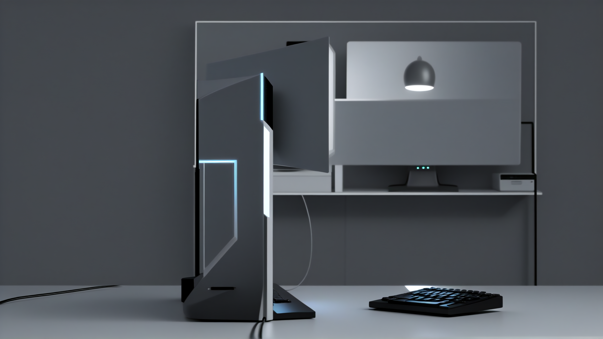 AI generated wallpaper featuring computer monitor, keyboard, desk, shelf, lamp, screen, cable, desk lamp, monitor stand, desktop
