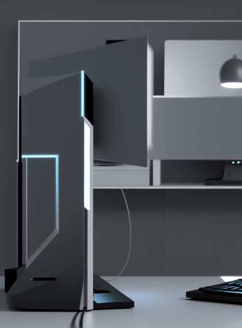 computer monitor, keyboard, desk, shelf, lamp, screen, cable, desk lamp, monitor stand, desktop