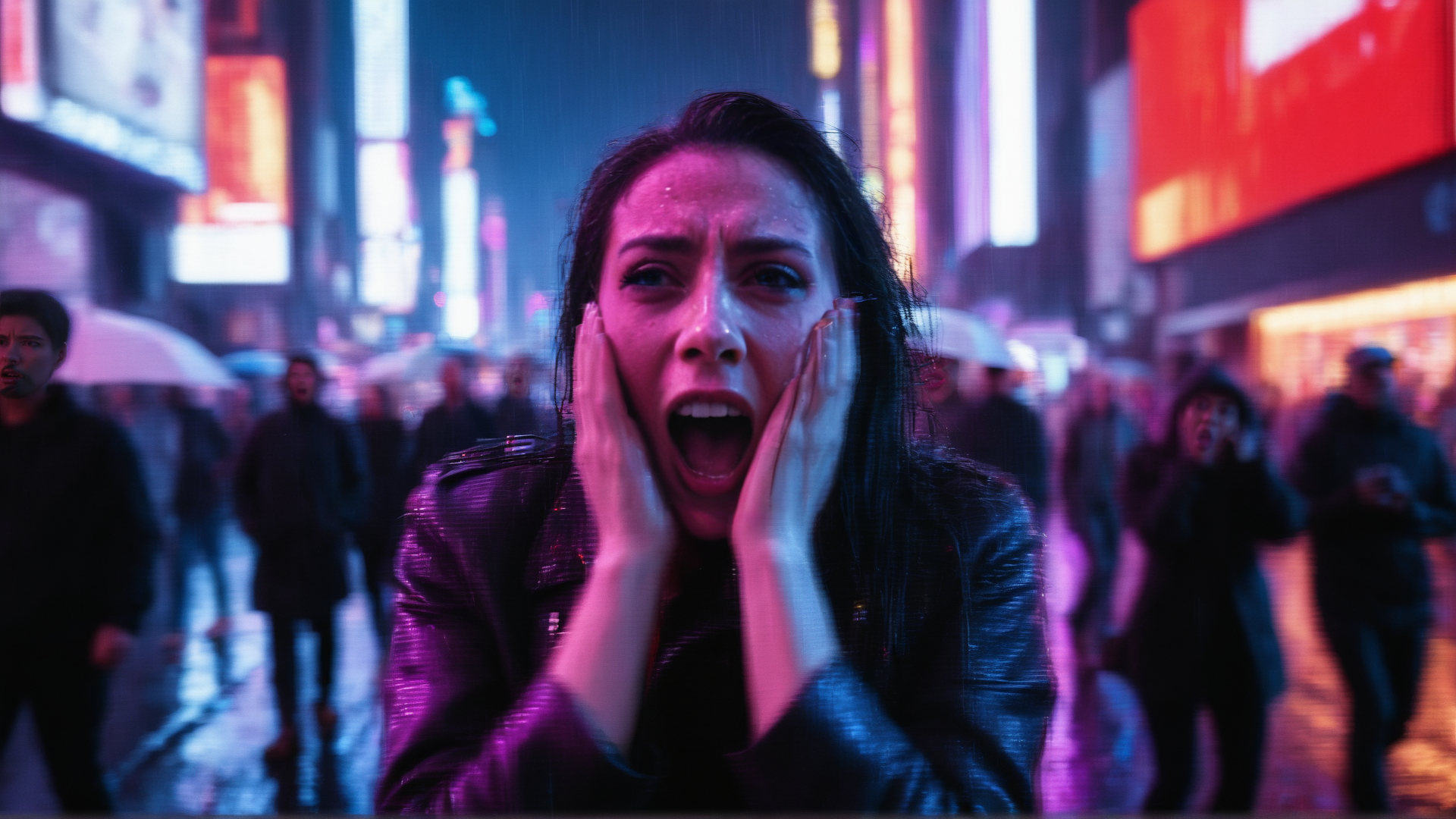 AI generated wallpaper featuring woman, crowd, city
