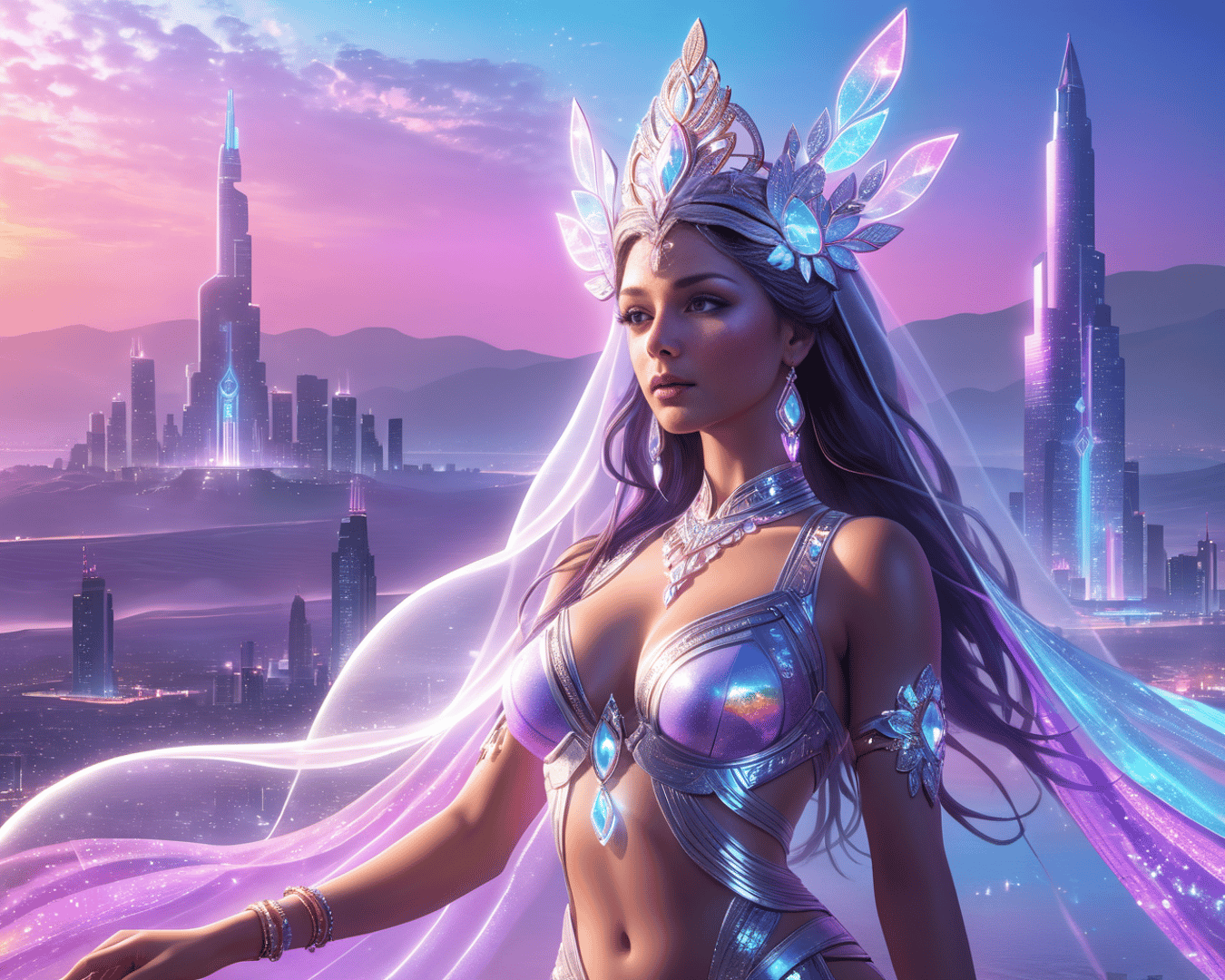 AI generated wallpaper featuring queen, futuristic, city
