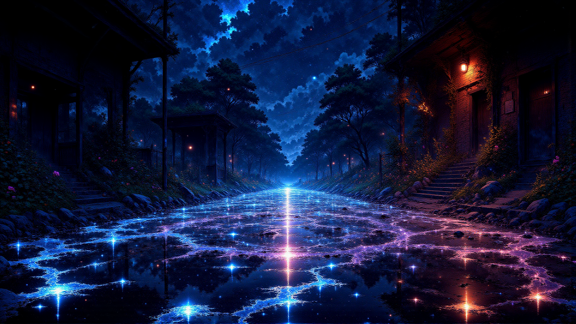 AI generated wallpaper featuring road, houses, trees, stars, water, lights, moon, flowers, steps, clouds